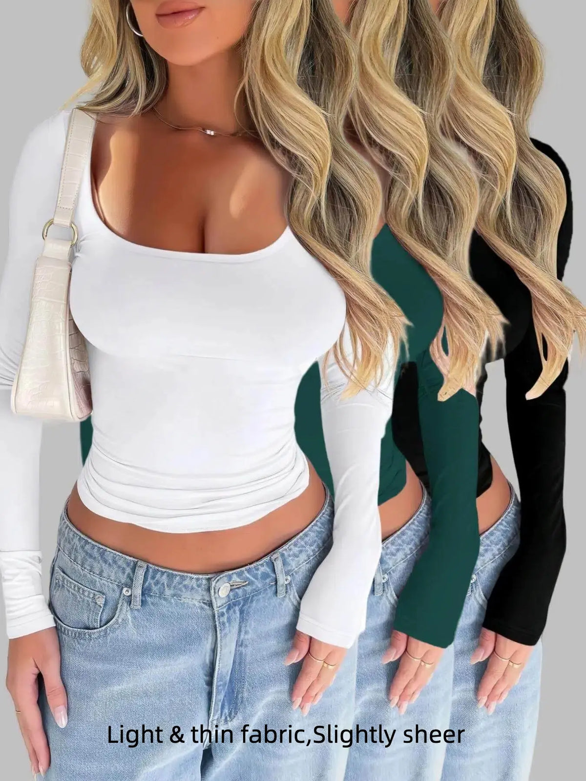 Women's Solid Scoop Neck Long Sleeve Knit Tee, Casual Slim-Fit T-shirt for Spring & Fall, Women's Top for Daily Wear, Basic