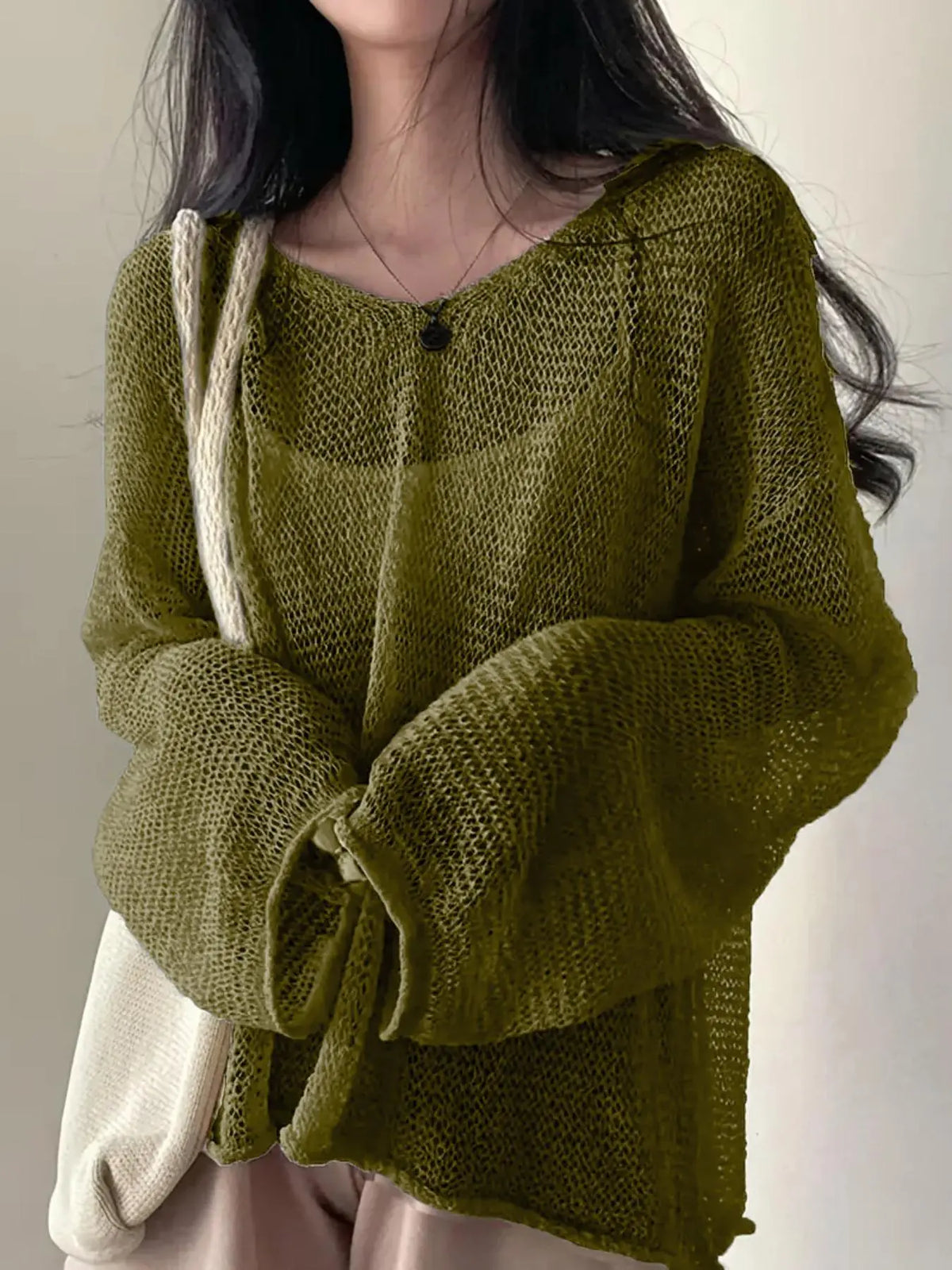 Women's Basic Solid Hollow Out Drop Shoulder Knitting Sweater, Boho Casual Long Sleeve Round Neck Jumper for Spring & Fall, Fashion Ladies' Knitwear for Daily Wear, Fit, Knit Casual Top