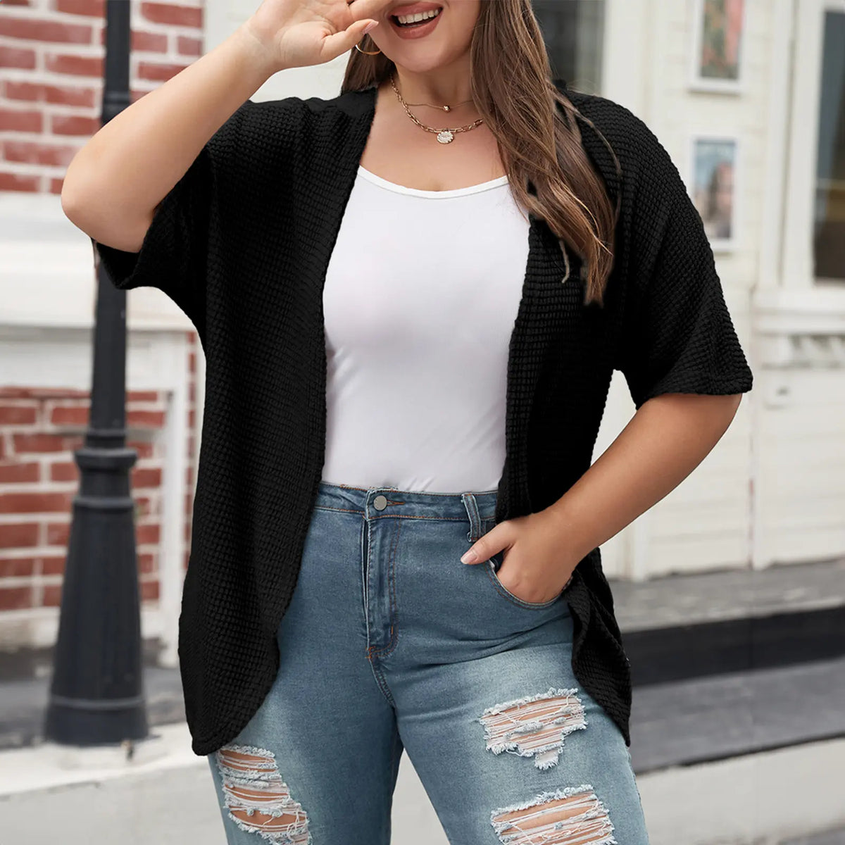 Eytino Womens Plus Size Cardigan Casual Short Sleeve Waffle Knit Kimono Open Front Tops(1X-5X)