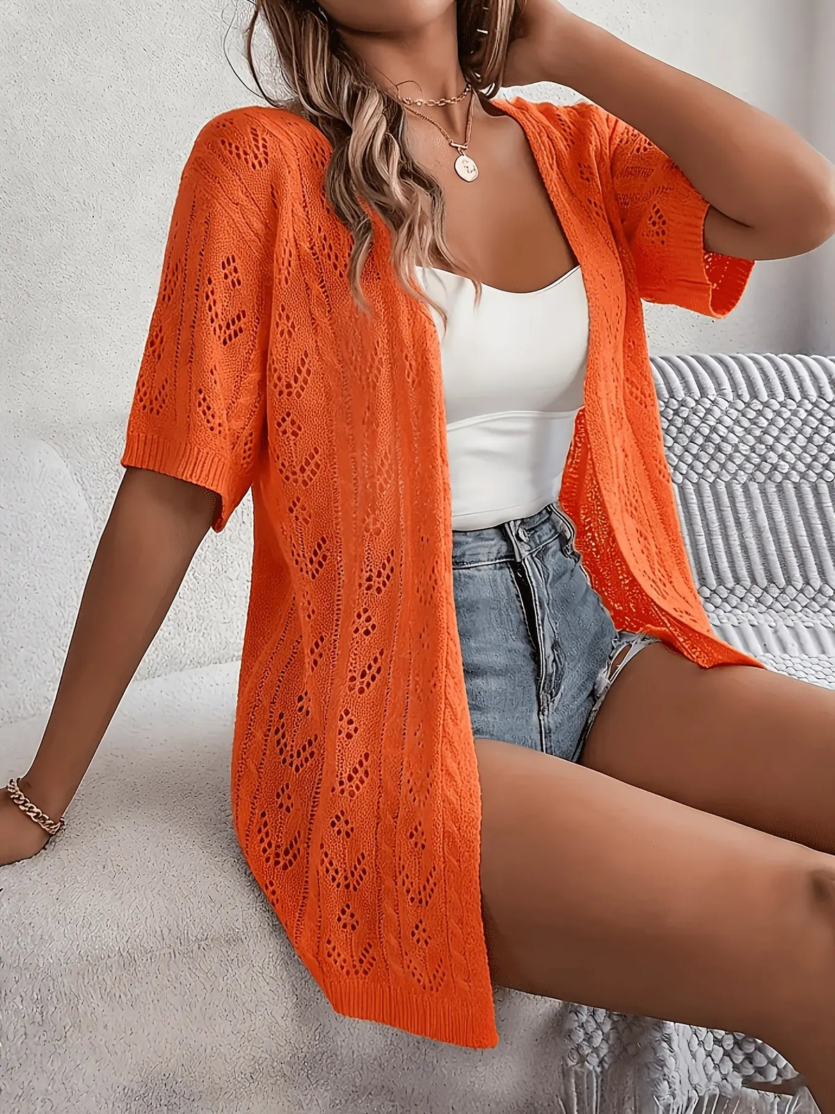 【Plus Size】 Solid Lace Hole Design Knitting Cardigan, Elegant Casual Open Front Loose Fit Short Sleeve Knitwear for Daily Wear, Casual Chic Knitwear, Women's Plus Clothing for All Seasons, Tops