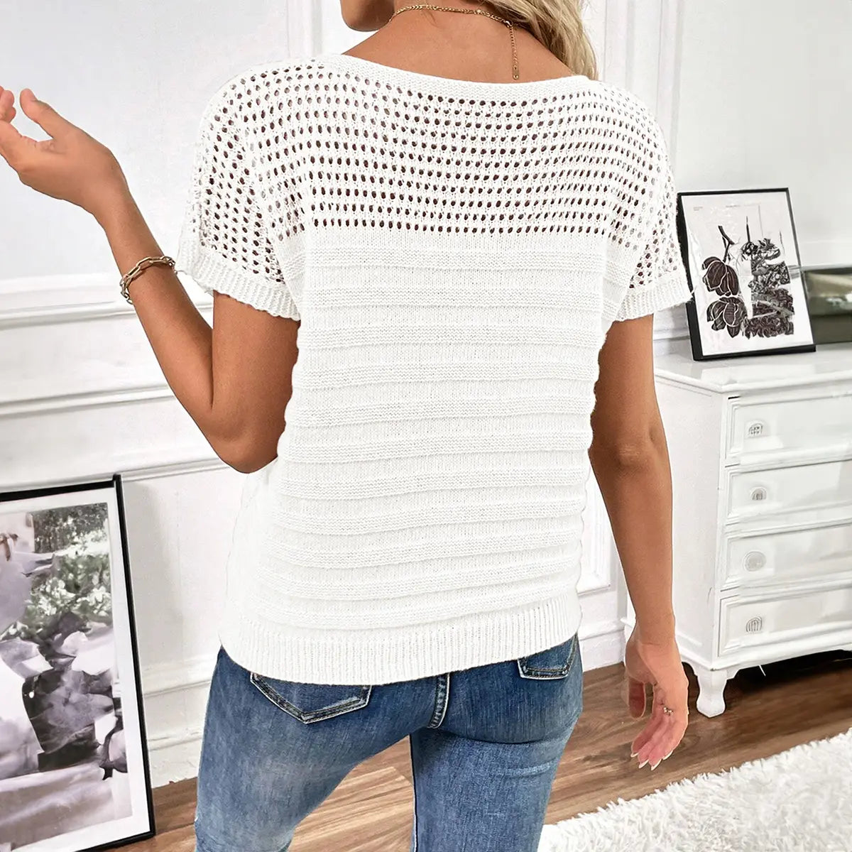 Shewin Women's Fitted Hollow-Out Knitting Sweater, Short-Sleeve Crew Neck Basic Pullover, Soft Acrylic Fabric, Summer Casual Minimalist Basic Tops, Back-to-School First Day Outfits