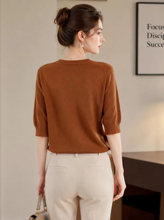 New Cross-Border Fine Knit Round Neck Basic T-Shirt, Women's Mid- Sleeve Knitted Top, Fashion Casual Comfortable Shirt, Soft Smooth Four Seasons Wear, Knitwear, Daily Wear Knitwear