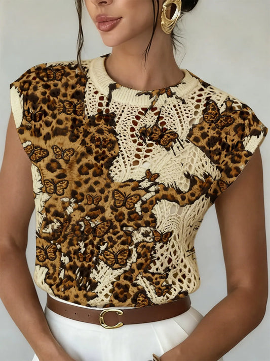 Spring Summer Elegant Boho Leopard Butterfly Print Round Neck Sweater, Casual Sleeveless Knit Top, Breathable Women's Clothing