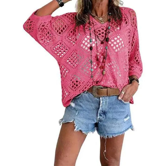 Summer V-neck Rhombus Hollow Bat Sleeve Women's Sweater Blouse Knitted Women's Clothing