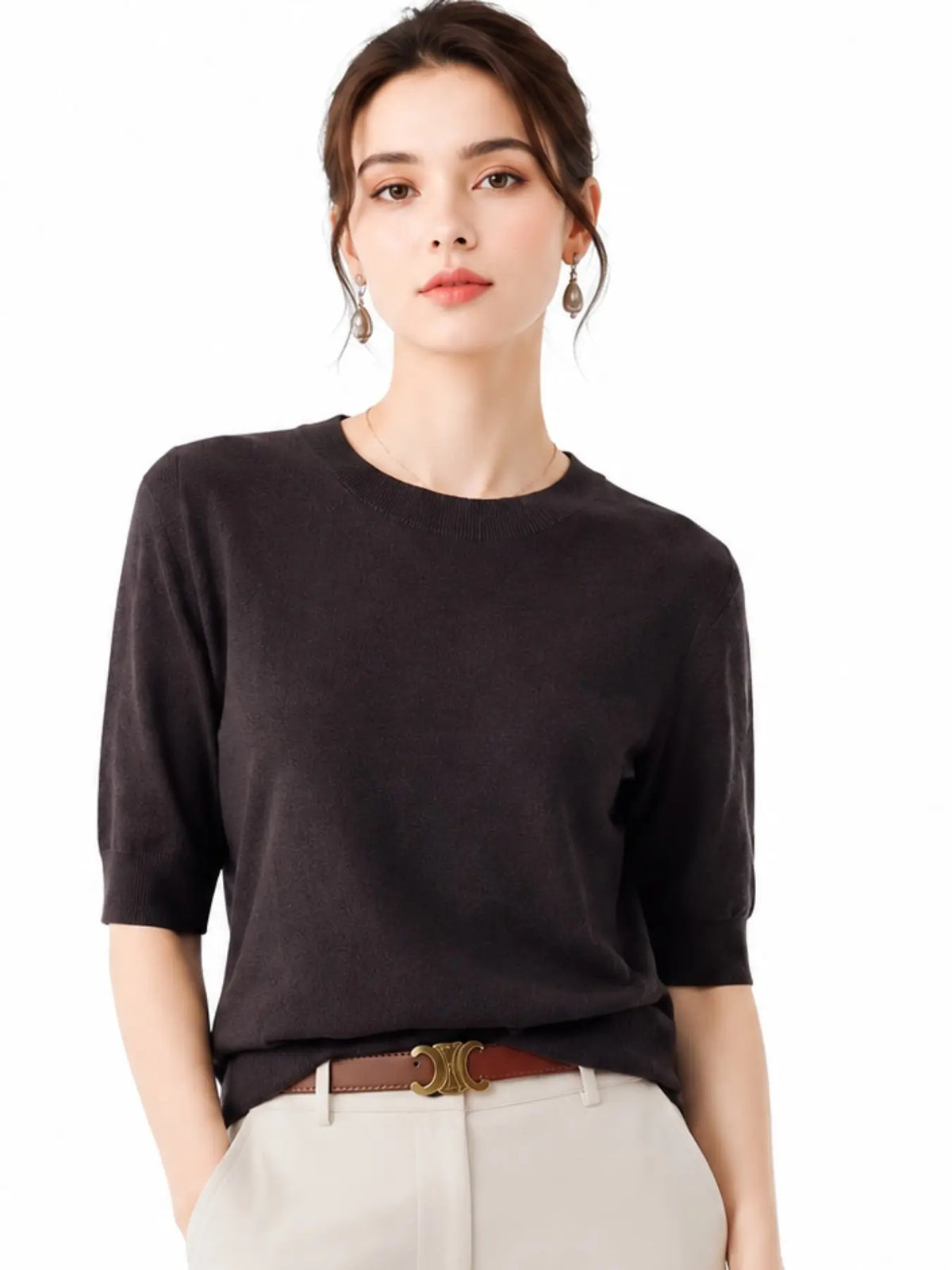 New Cross-Border Fine Knit Round Neck Basic T-Shirt, Women's Mid- Sleeve Knitted Top, Fashion Casual Comfortable Shirt, Soft Smooth Four Seasons Wear, Knitwear, Daily Wear Knitwear