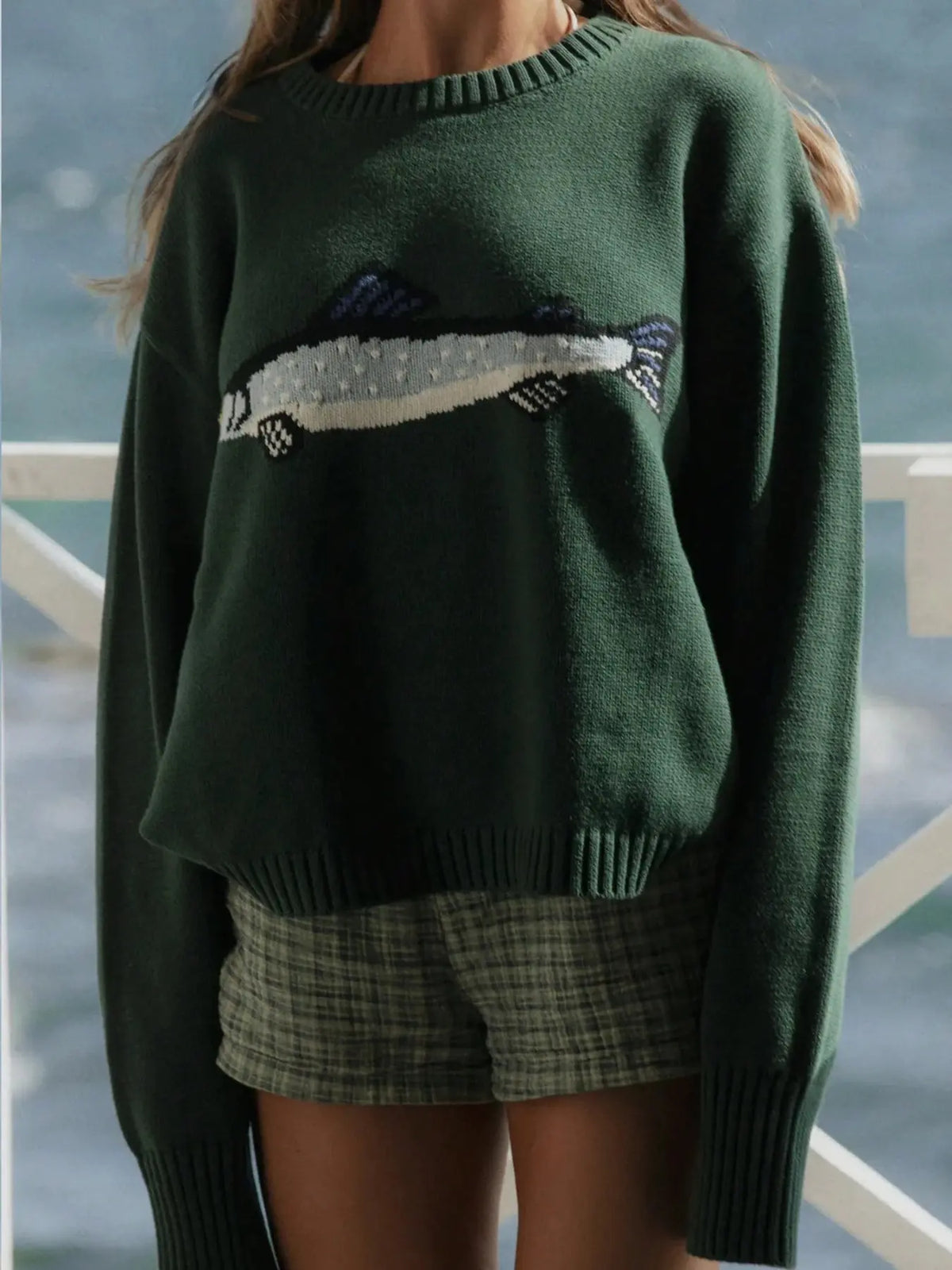 New Fashion Women's Sweater Tops, Autumn Winter Loose High Elastic Fit Round Neck Long Sleeve Pullover Animal Fish Pattern Knitwear, Casual Everyday Wear Fall Winter Knit