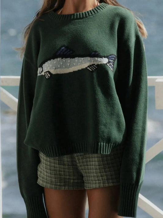New Fashion Women's Sweater Tops, Autumn Winter Loose High Elastic Fit Round Neck Long Sleeve Pullover Animal Fish Pattern Knitwear, Casual Everyday Wear Fall Winter Knit