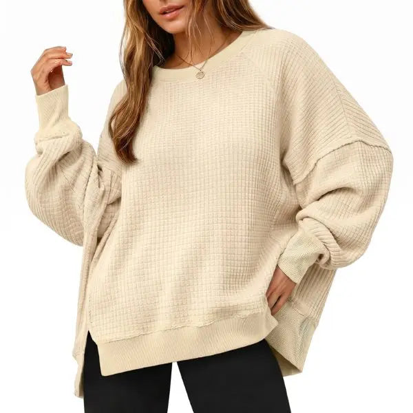 FISOEW Women's Oversized Crewneck Sweatshirt Casual Waffle Knit Pullover Tunic - Breathable Soft Long Sleeve Drop Shoulder with Side Slits, Spring & Fall Casual Everyday, Plus Size Friendly, Cute Tops