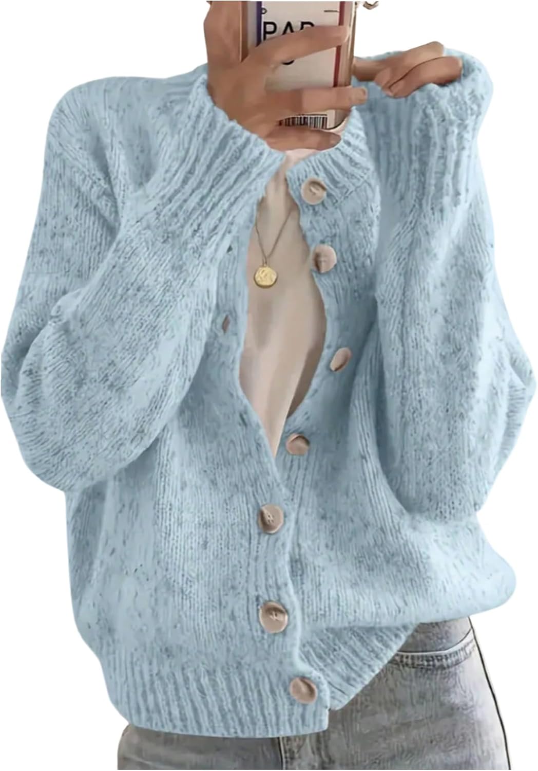 WDIRARA Women's Button Down Cardigan Sweaters Crewneck Long Sleeve Knit Outerwear Casual Knitwear