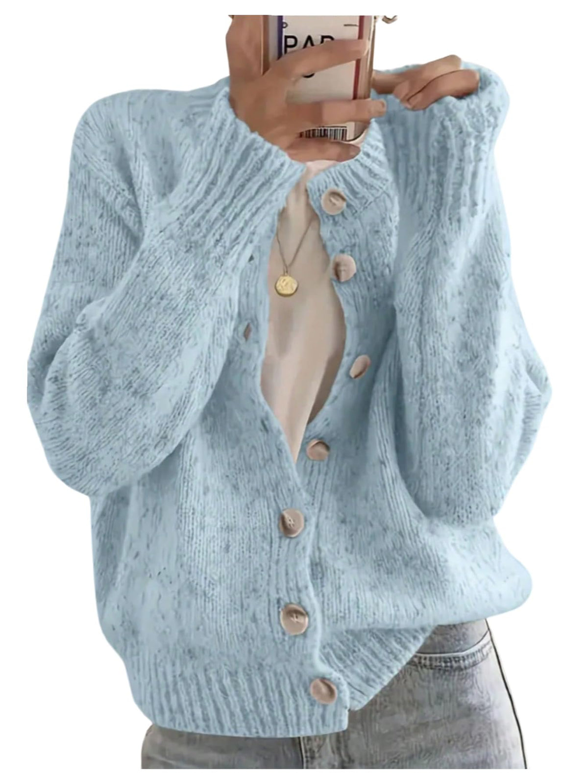 WDIRARA Women's Button Down Cardigan Sweaters Crewneck Long Sleeve Knit Outerwear Casual Knitwear