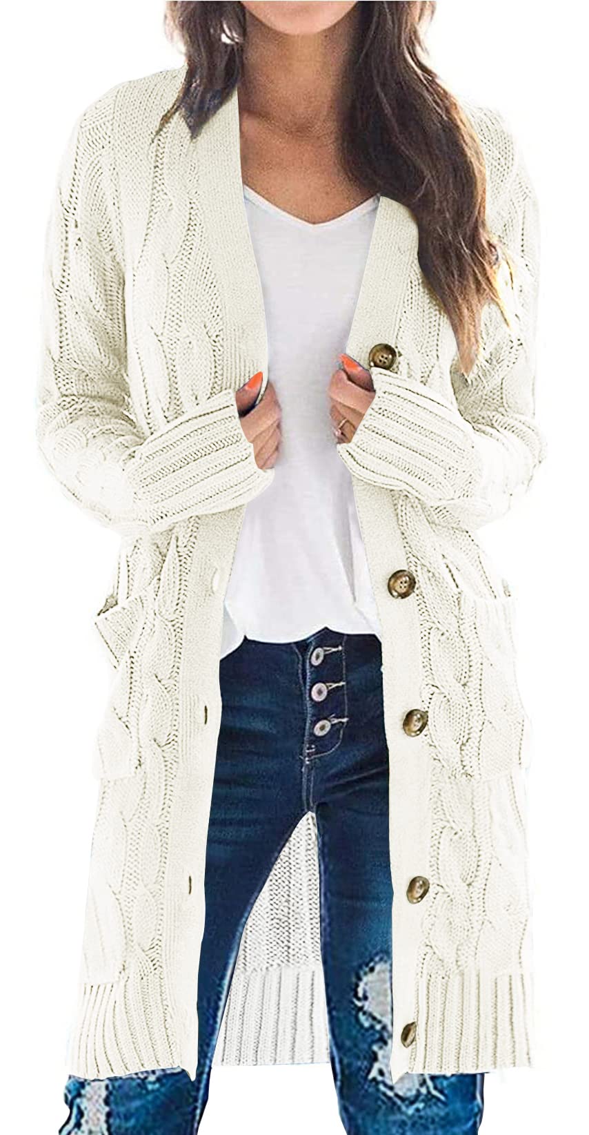 PRETTYGARDEN Womens Cable Knit Button Long Cardigan Sweaters