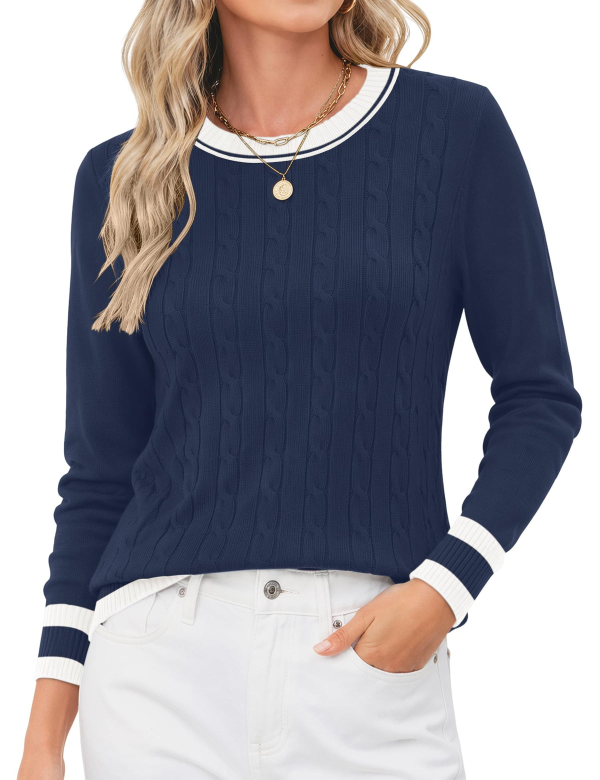 Rapbin Women's Contrast Trim Knit Sweater Long Sleeve Crew Neck Pullover