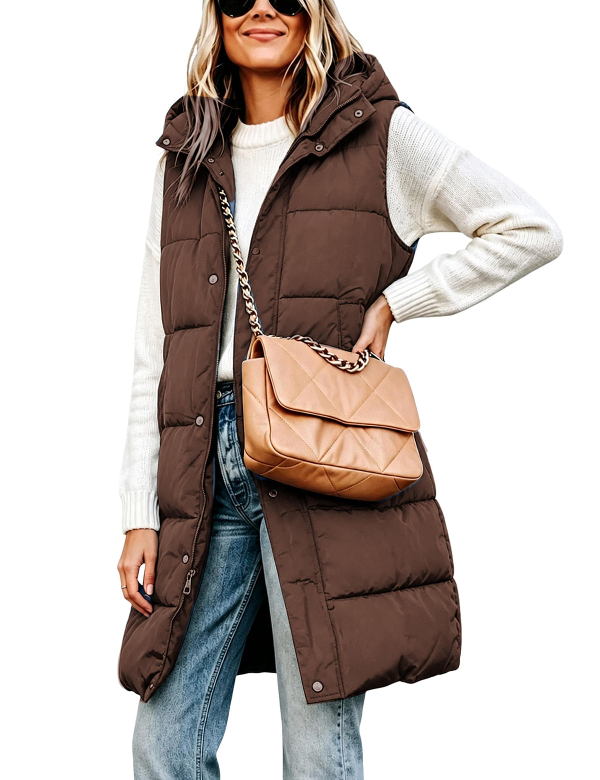 Tanming Women's Long Puffer Vest with Removable Hood