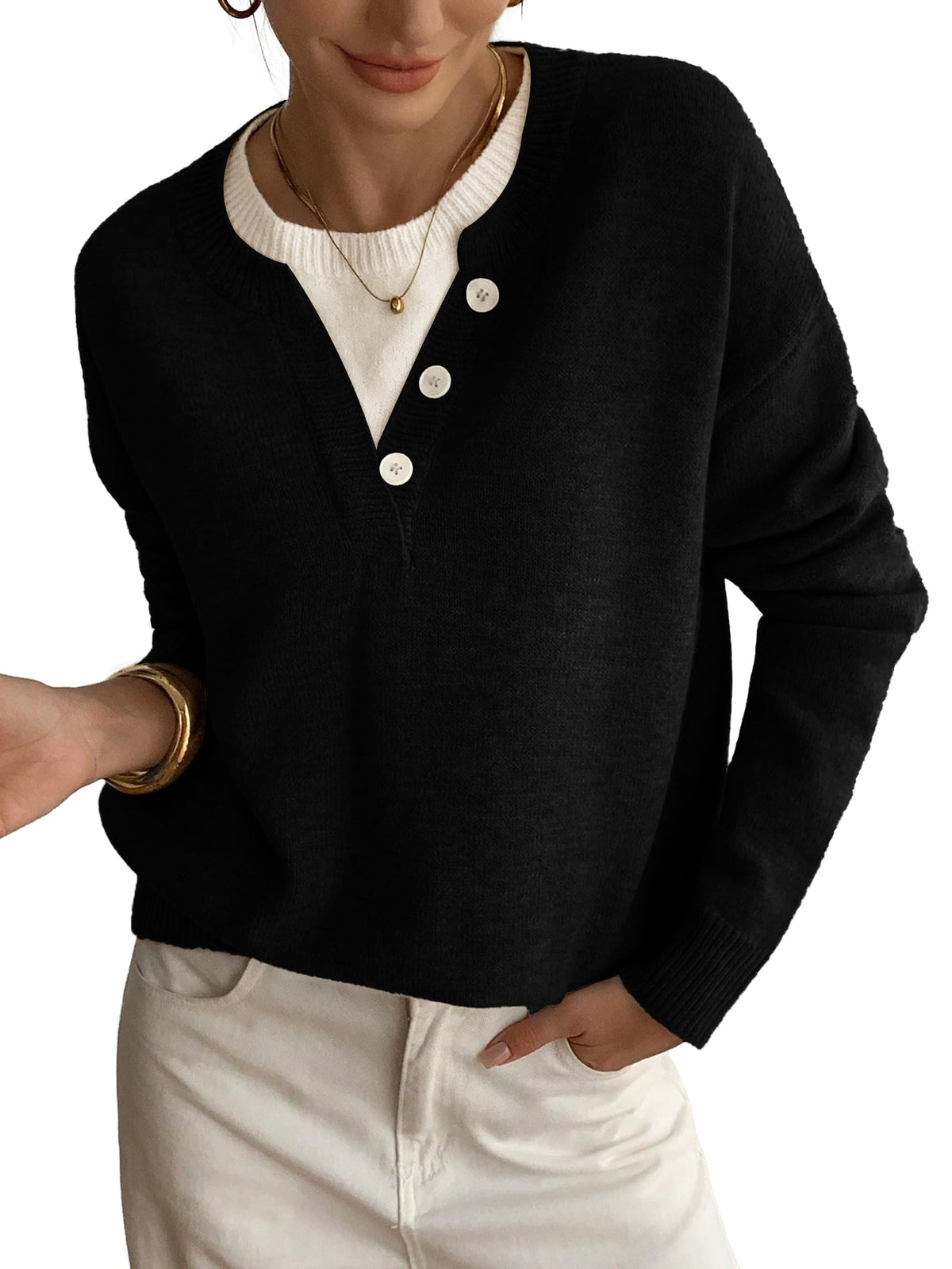 Womens Sweaters Casual Henley Neck Long Sleeve Pullover Tops 2026
