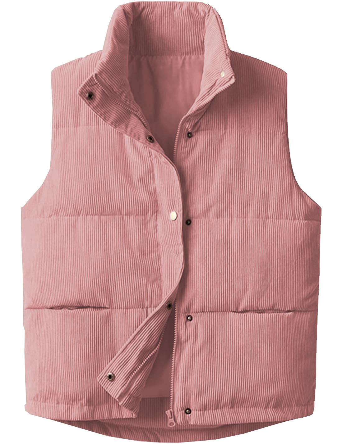 Womens Corduroy Puffer Vest Stand Collar Zip Snap Button Sleeveless Warm Waistcoat Padded Gilet
