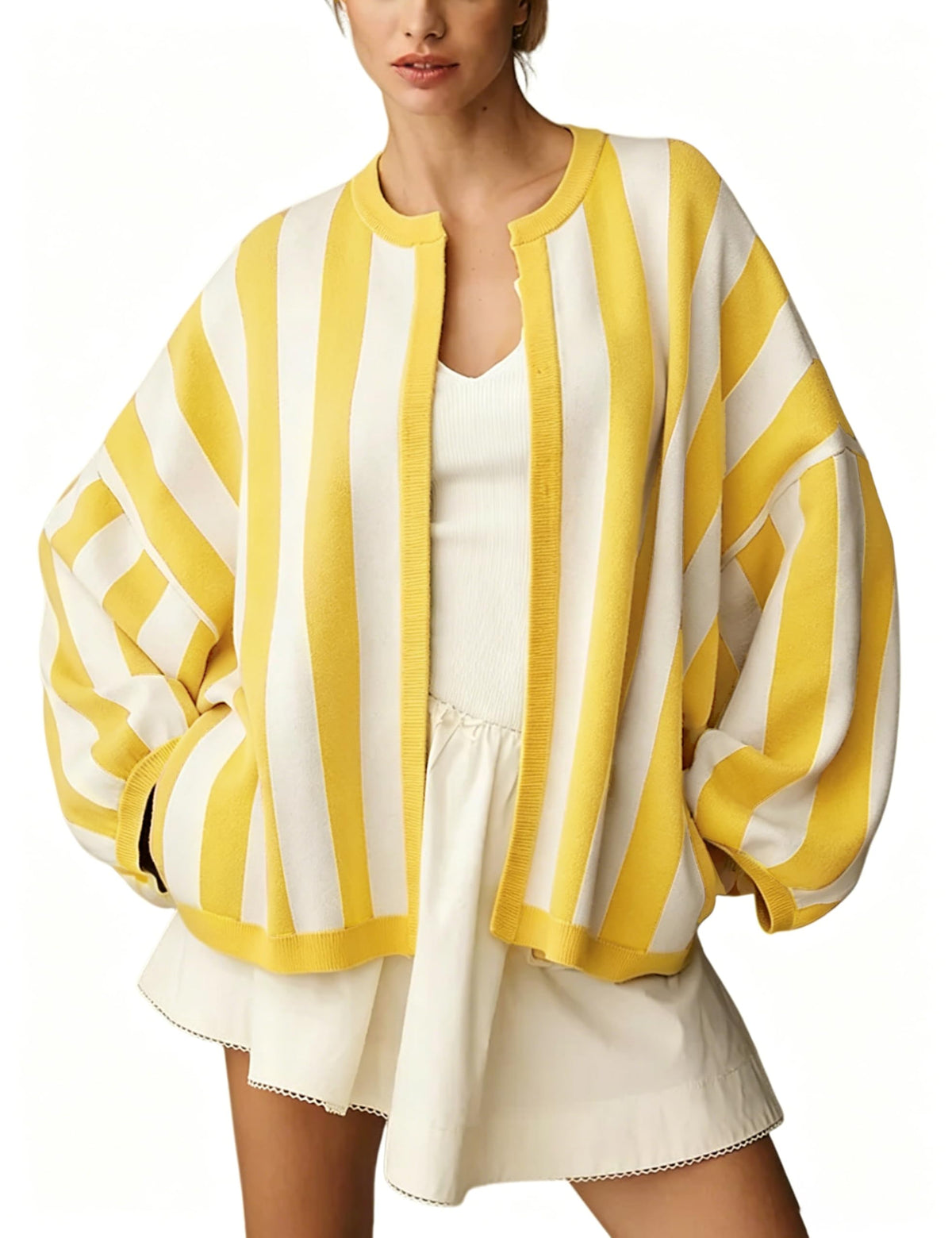 Women's Casual Loose Fit Striped Cardigan Long Balloon Sleeves Open Front Knit Sweater