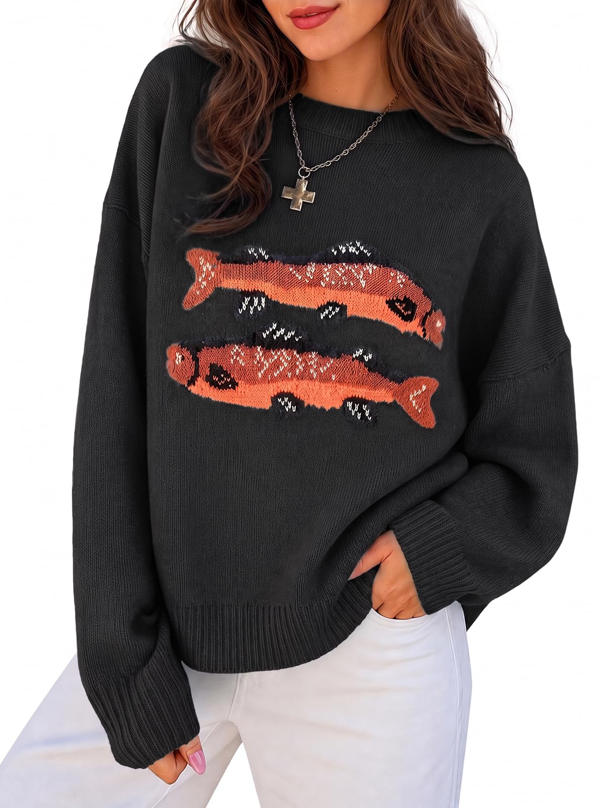 Flowyair Womens Fish Graphic Sweater Long Sleeve Knit Crew Neck Pullover
