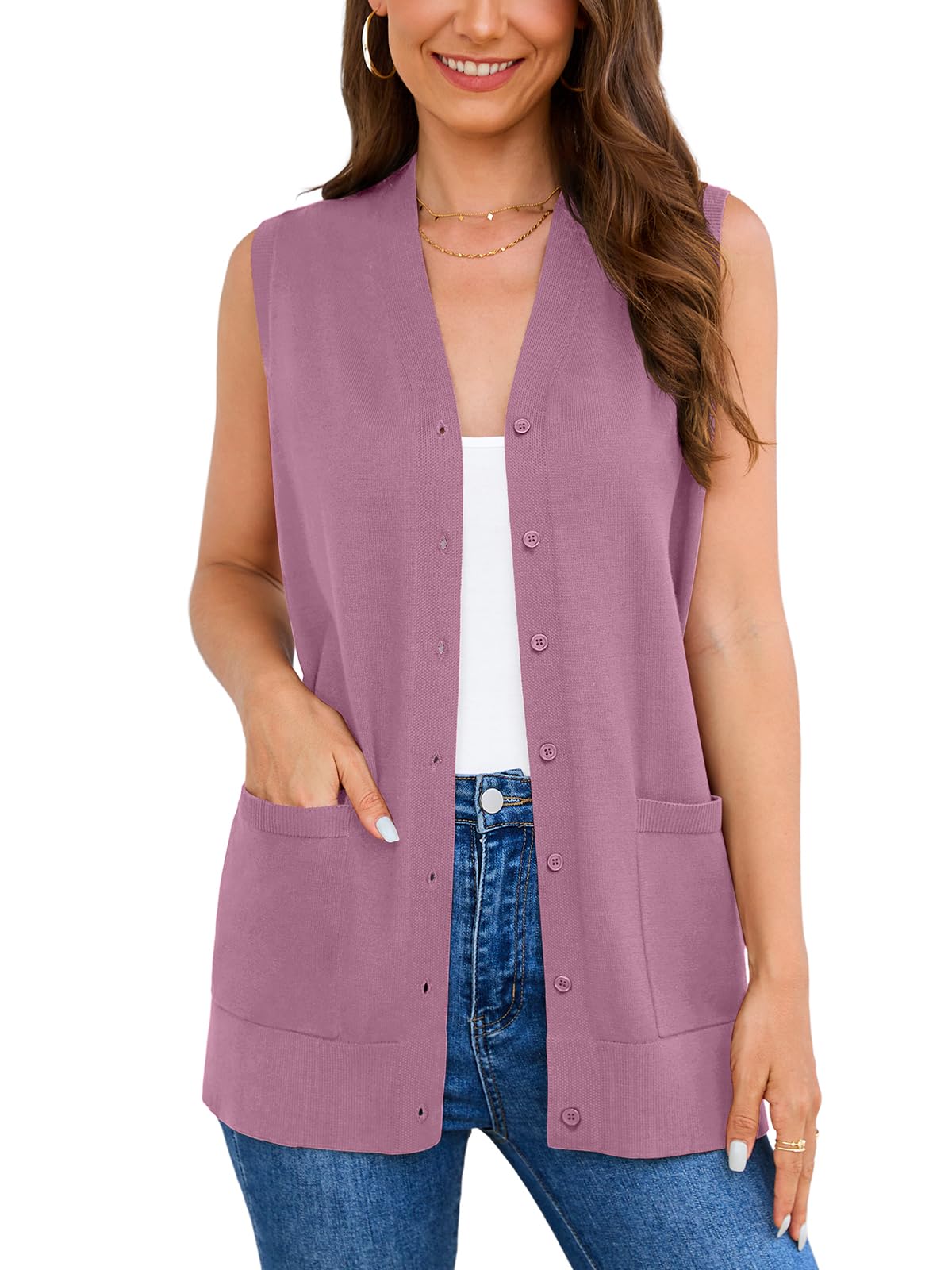 Veryoung Women's 2026 Sleeveless Button Down Cardigan Sweaters Fashion Casual Soft Knit Office Duster Vests with Cozy Pockets