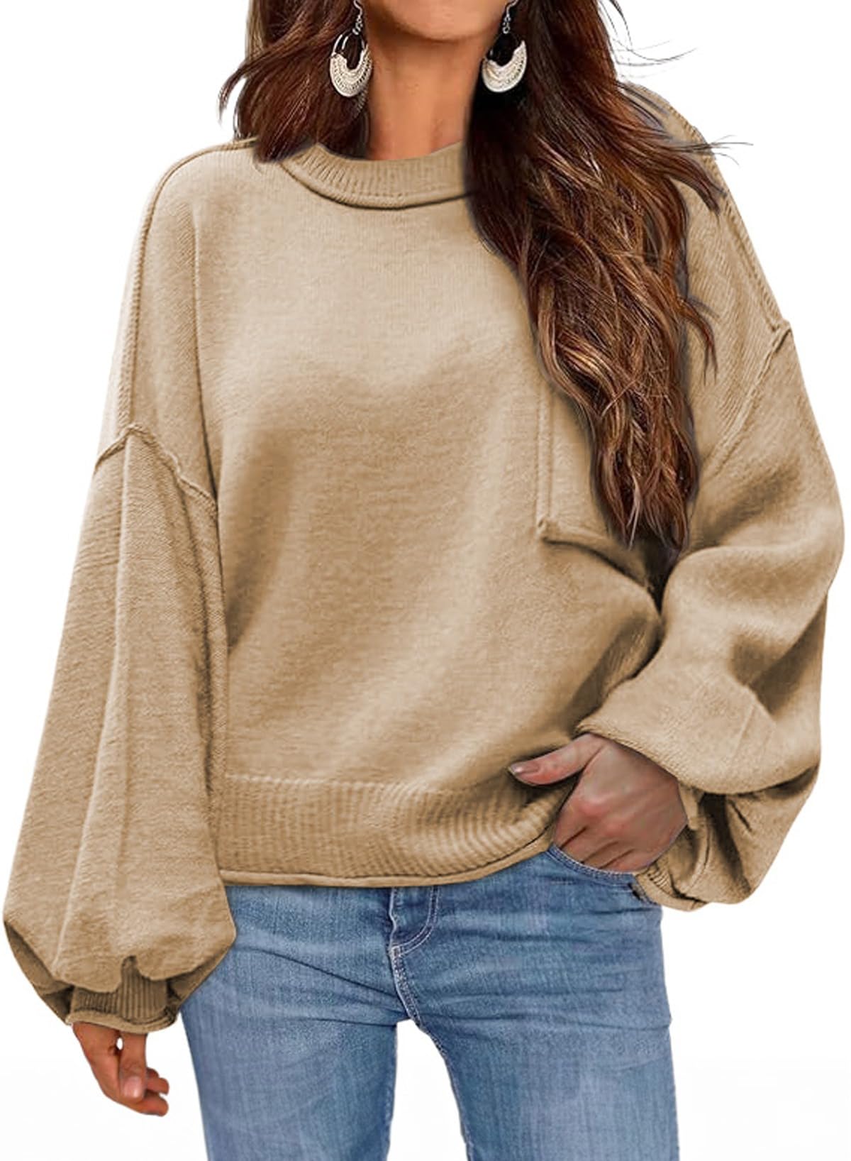 Dokotoo Women's Sweater Tops 2026 Ribbed Knitwear Lantern Pullover Sweater