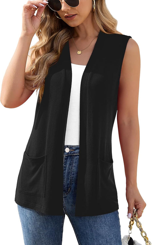 Veryoung Womens Sleeveless Open Front Cardigan Vest Lightweight Thin Vests Layering Top with Pockets for Summer Casual Office