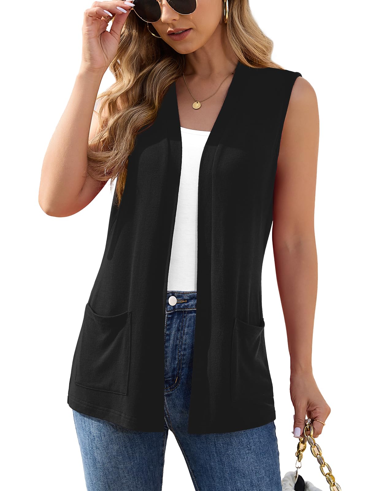 Veryoung Womens Sleeveless Open Front Cardigan Vest Lightweight Thin Vests Layering Top with Pockets for Summer Casual Office