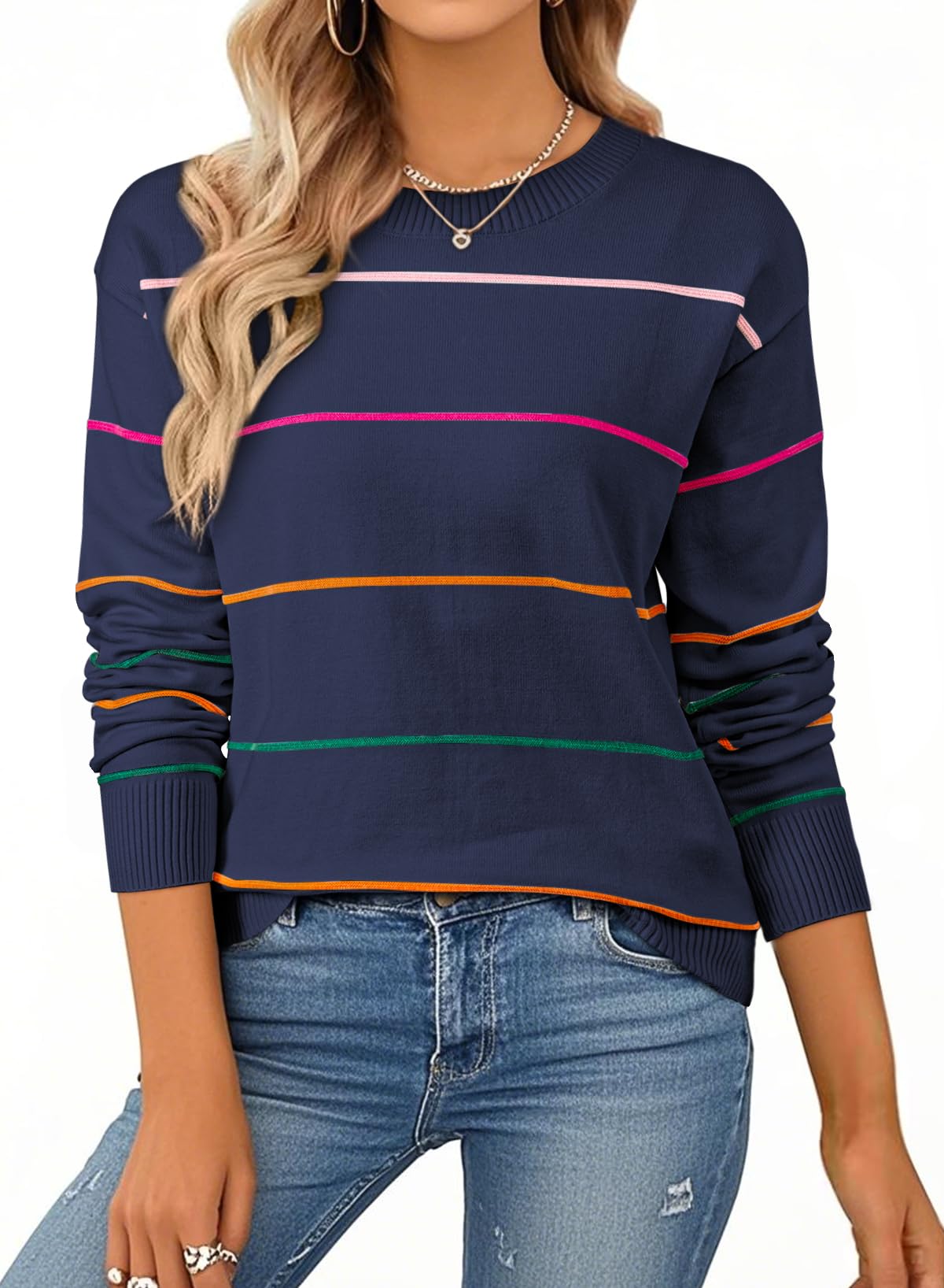 SHEWIN Womens Sweaters Crew Neck Knit Long Sleeve Striped Sweater Fall Outfits for Women 2026