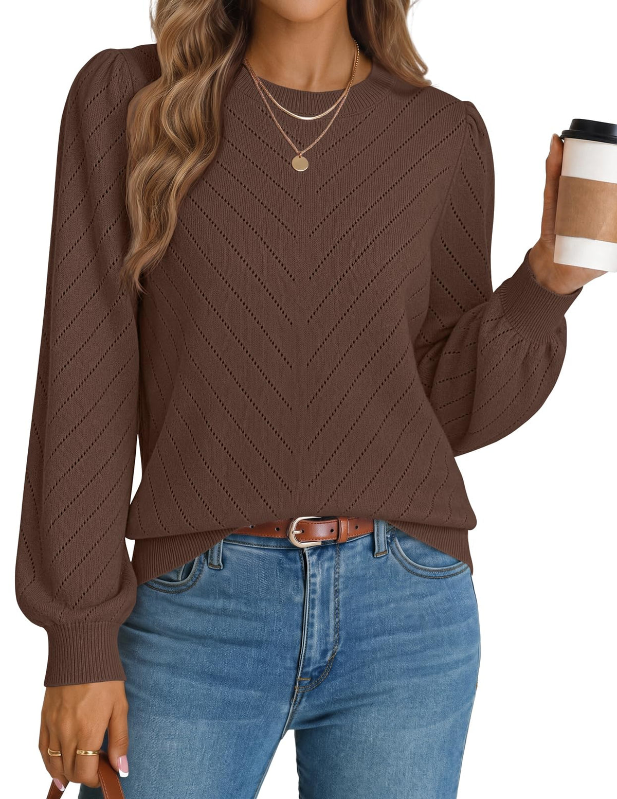 MEROKEETY Womens Fall Lightweight Sweater Long Sleeve Eyelet Pullover Tops