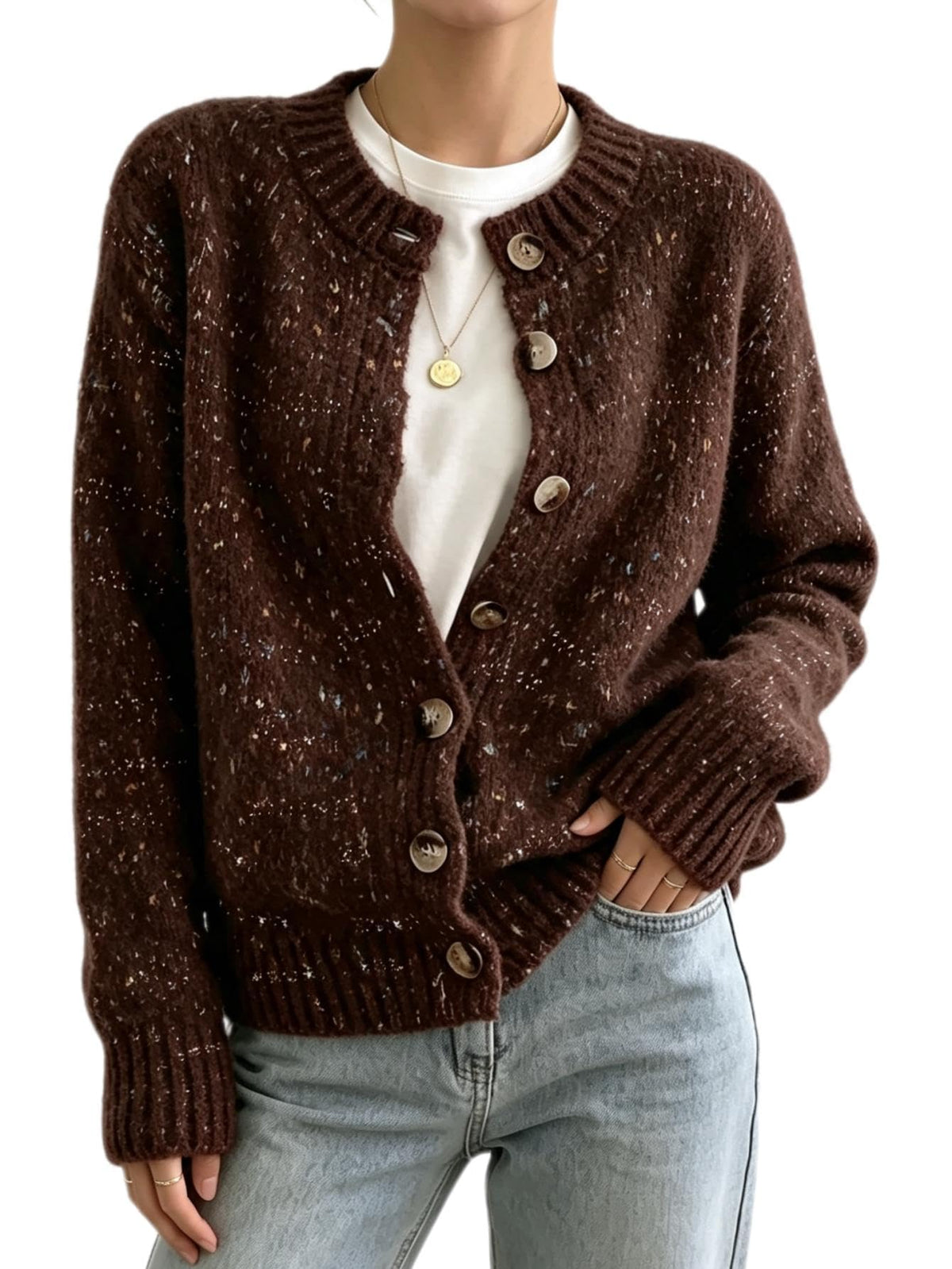 WDIRARA Women's Button Down Cardigan Sweaters Crewneck Long Sleeve Knit Outerwear Casual Knitwear