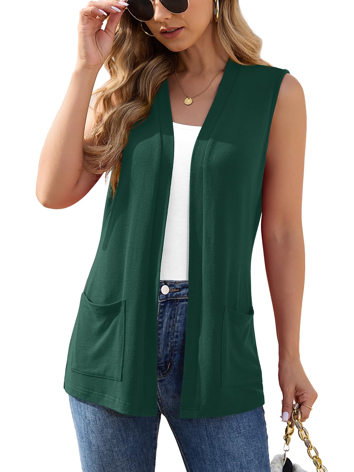 Veryoung Womens Sleeveless Open Front Cardigan Vest Lightweight Thin Vests Layering Top with Pockets for Summer Casual Office