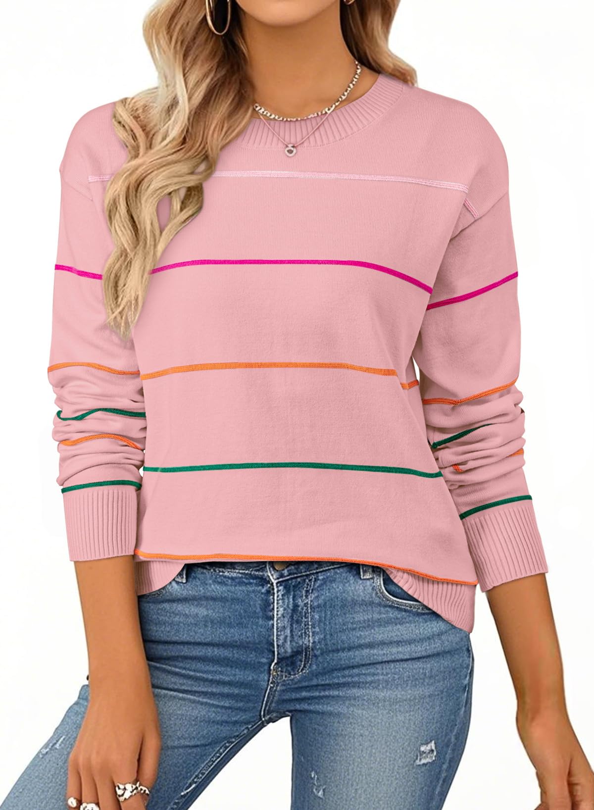 SHEWIN Womens Sweaters Crew Neck Knit Long Sleeve Striped Sweater Fall Outfits for Women 2026
