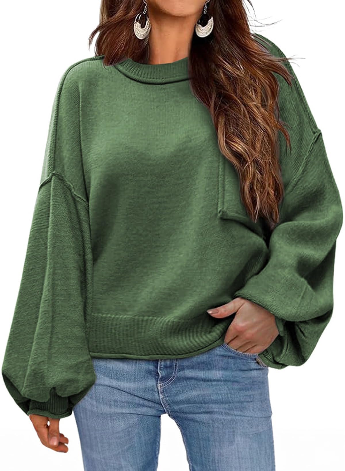 Dokotoo Women's Sweater Tops 2026 Ribbed Knitwear Lantern Pullover Sweater