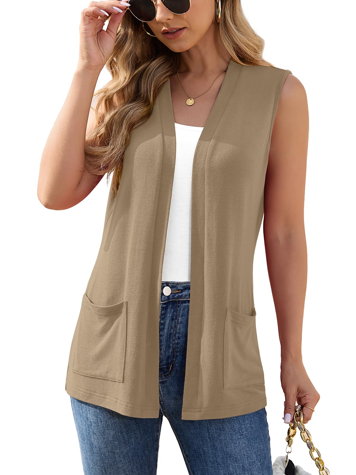 Veryoung Womens Sleeveless Open Front Cardigan Vest Lightweight Thin Vests Layering Top with Pockets for Summer Casual Office