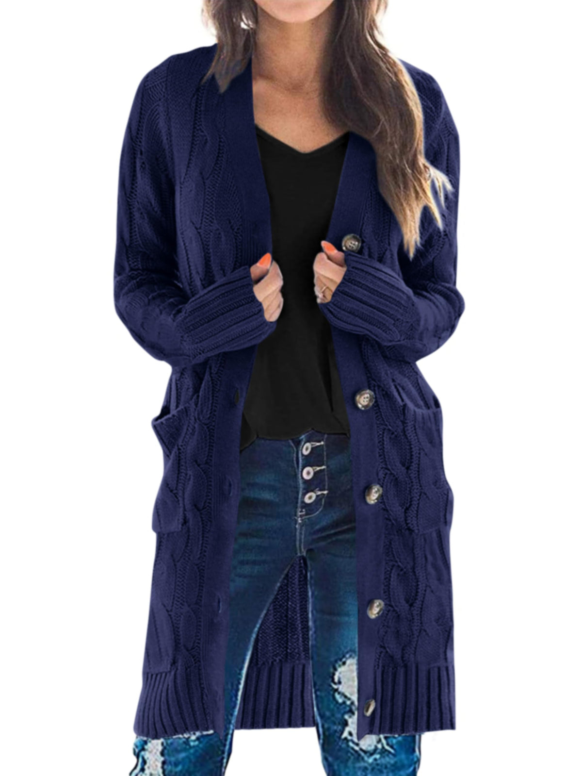 PRETTYGARDEN Womens Cable Knit Button Long Cardigan Sweaters