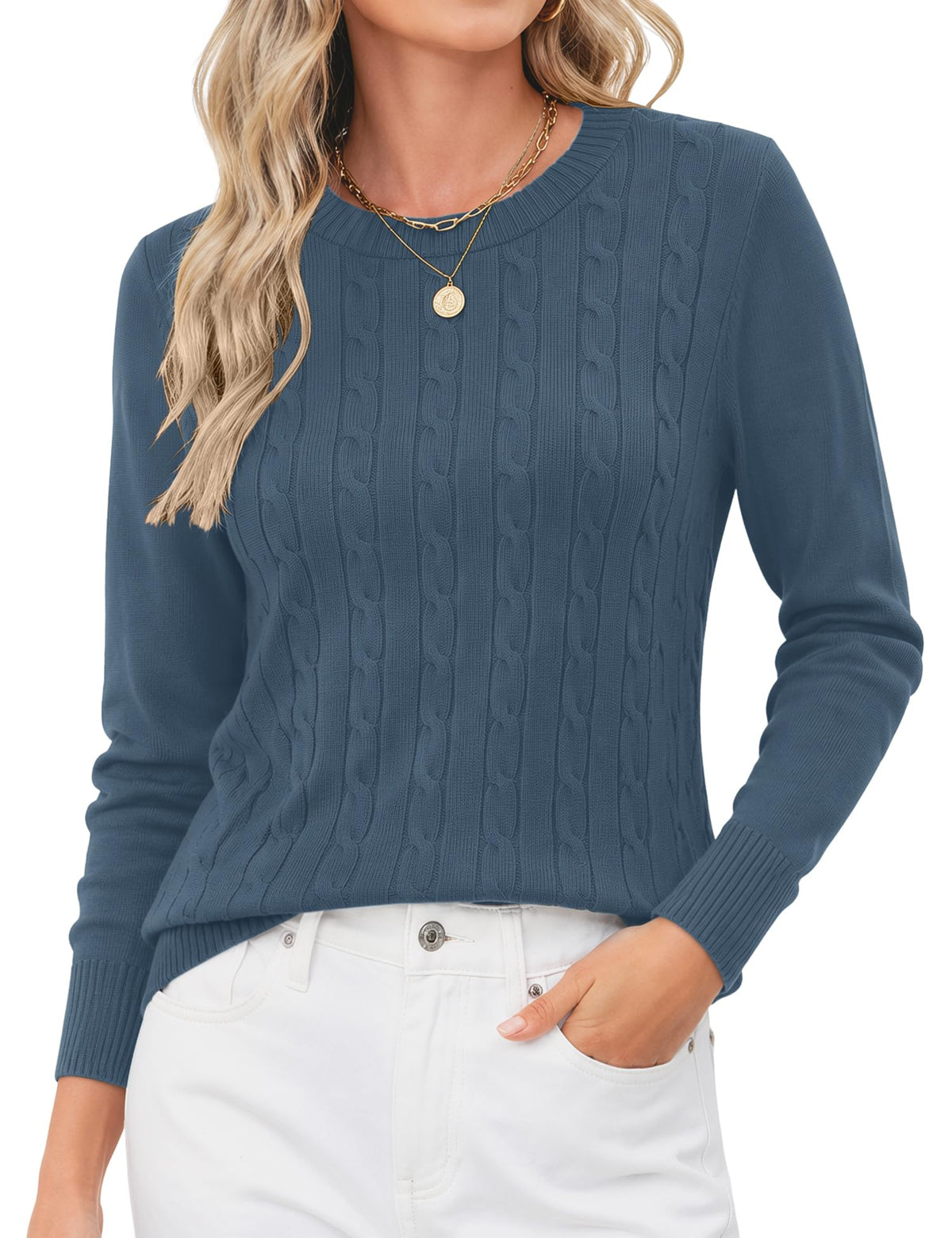 Rapbin Women's Contrast Trim Knit Sweater Long Sleeve Crew Neck Pullover