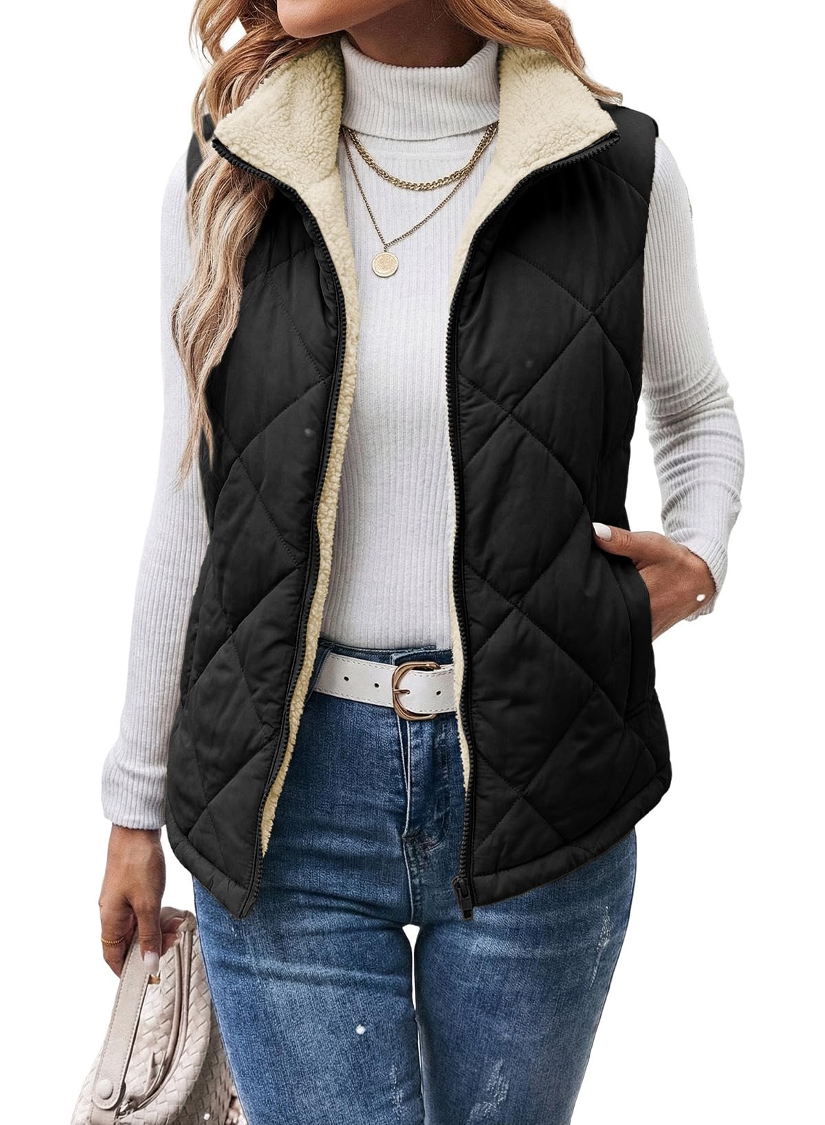 Dokotoo Womens Sherpa Fleece Vest Stand Collar Zip Up Puffer Quilted Jacket
