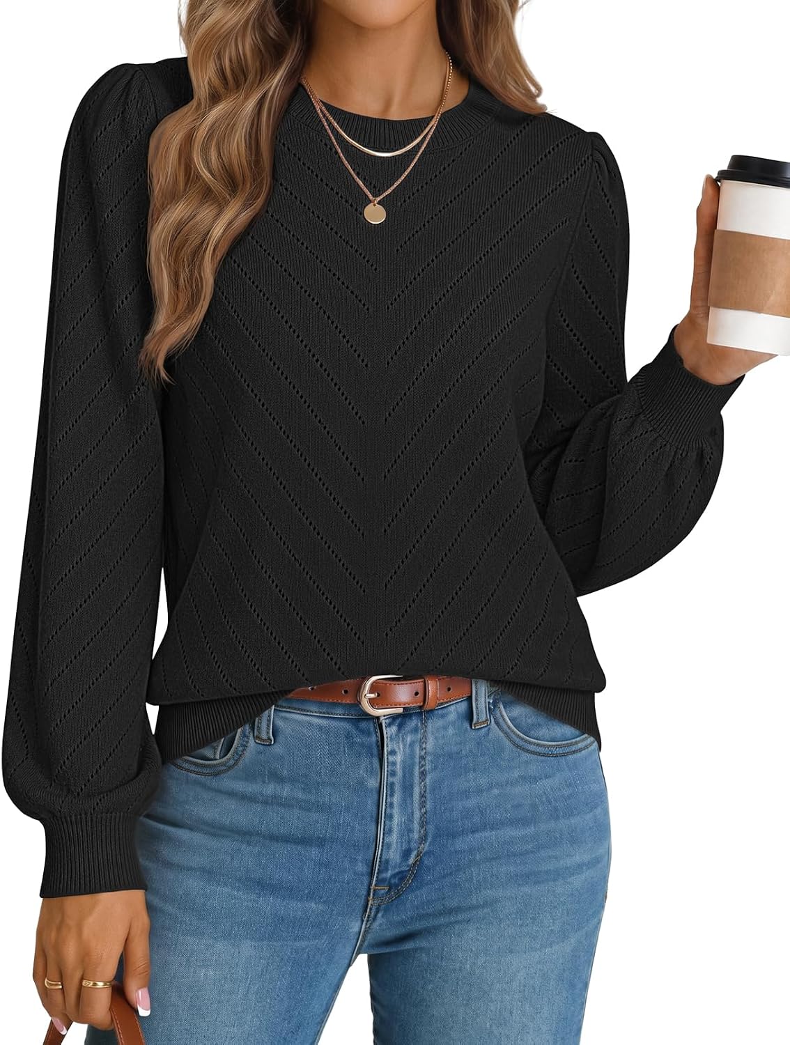 MEROKEETY Womens Fall Lightweight Sweater Long Sleeve Eyelet Pullover Tops