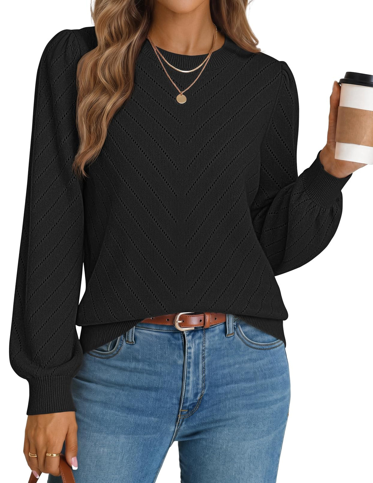 MEROKEETY Womens Fall Lightweight Sweater Long Sleeve Eyelet Pullover Tops