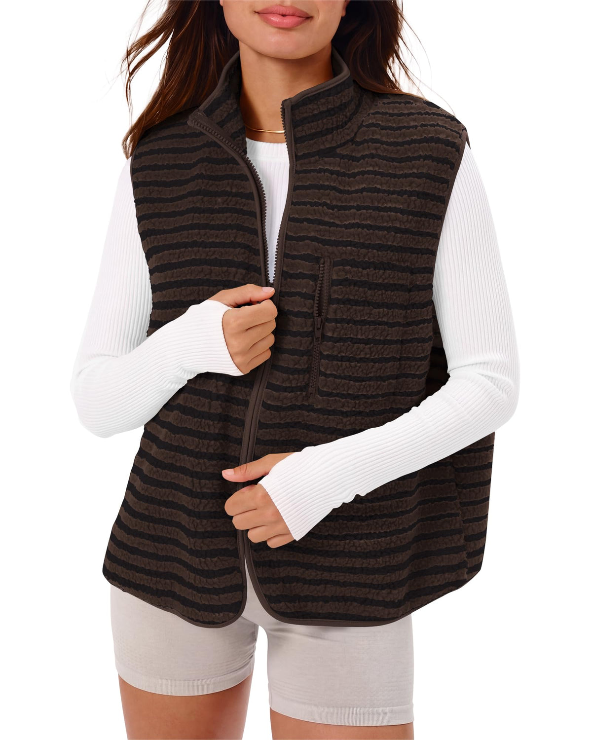 Gacaky Women's Sherpa Fleece Striped Vest Stand Collar Sleeveless Jacket