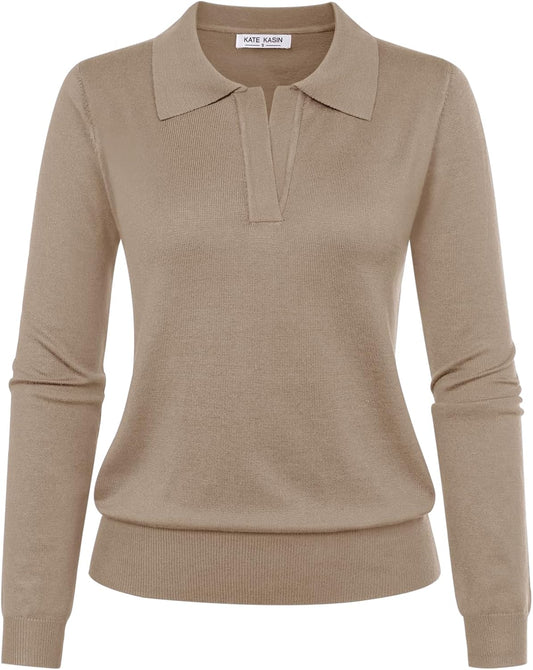 Women's Long Sleeve Classic V Neck Casual Fall Winter Polo Sweater Tops