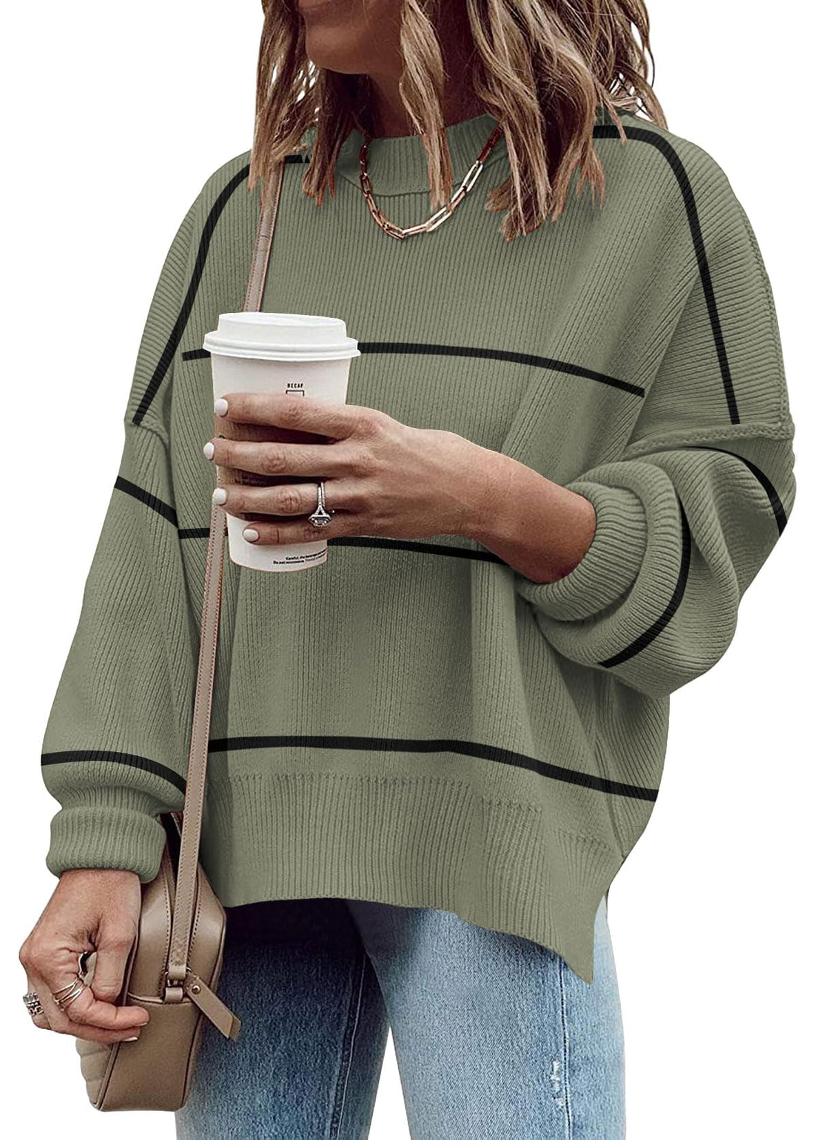 Womens Oversized Sweaters Fall Fashion Side Slit Ribbed Pullover Sweater