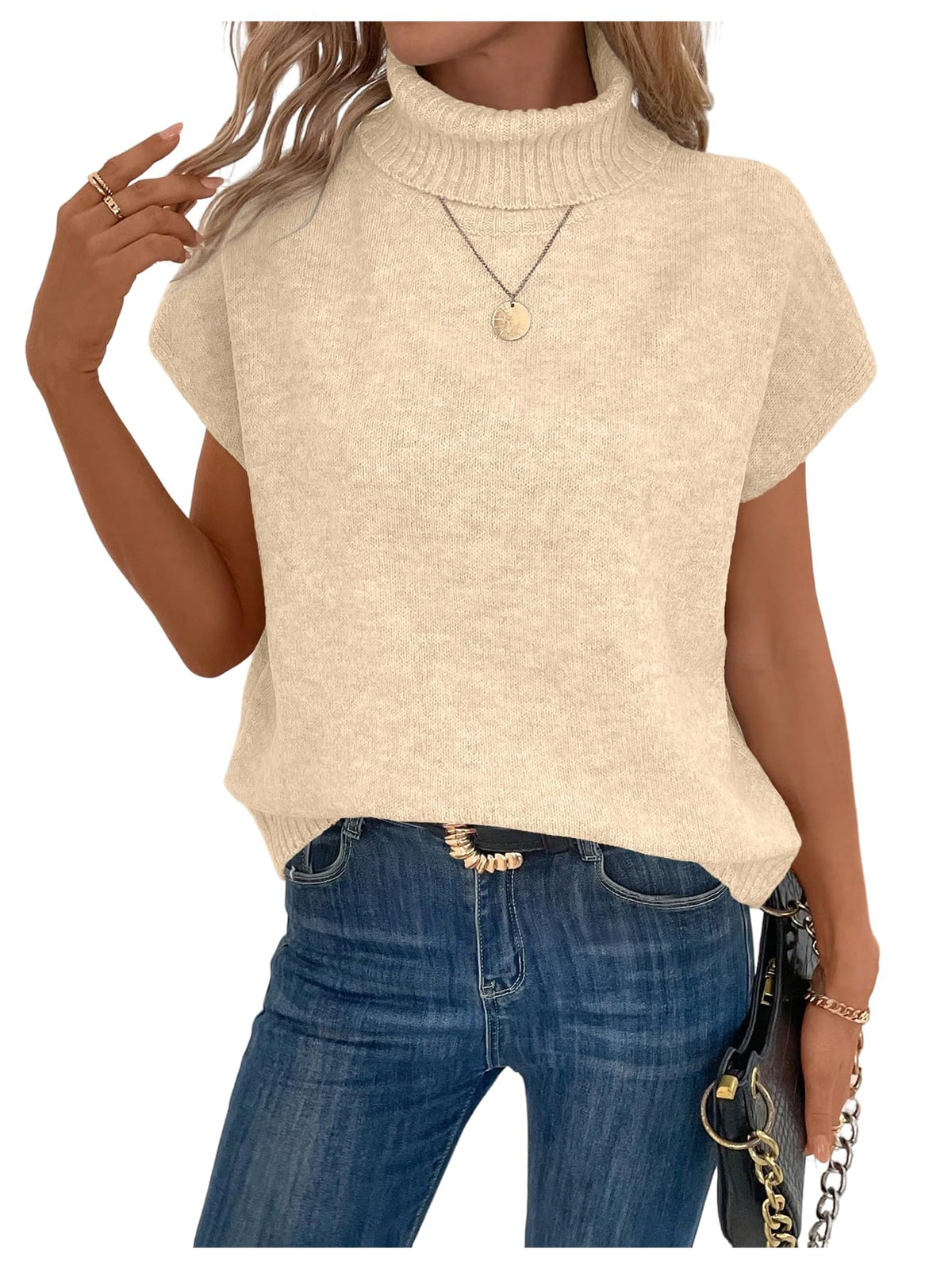 WDIRARA Women's Turtleneck Cap Sleeve Sweater Vest Pullover Knitted Top Loose Oversized Knitwear