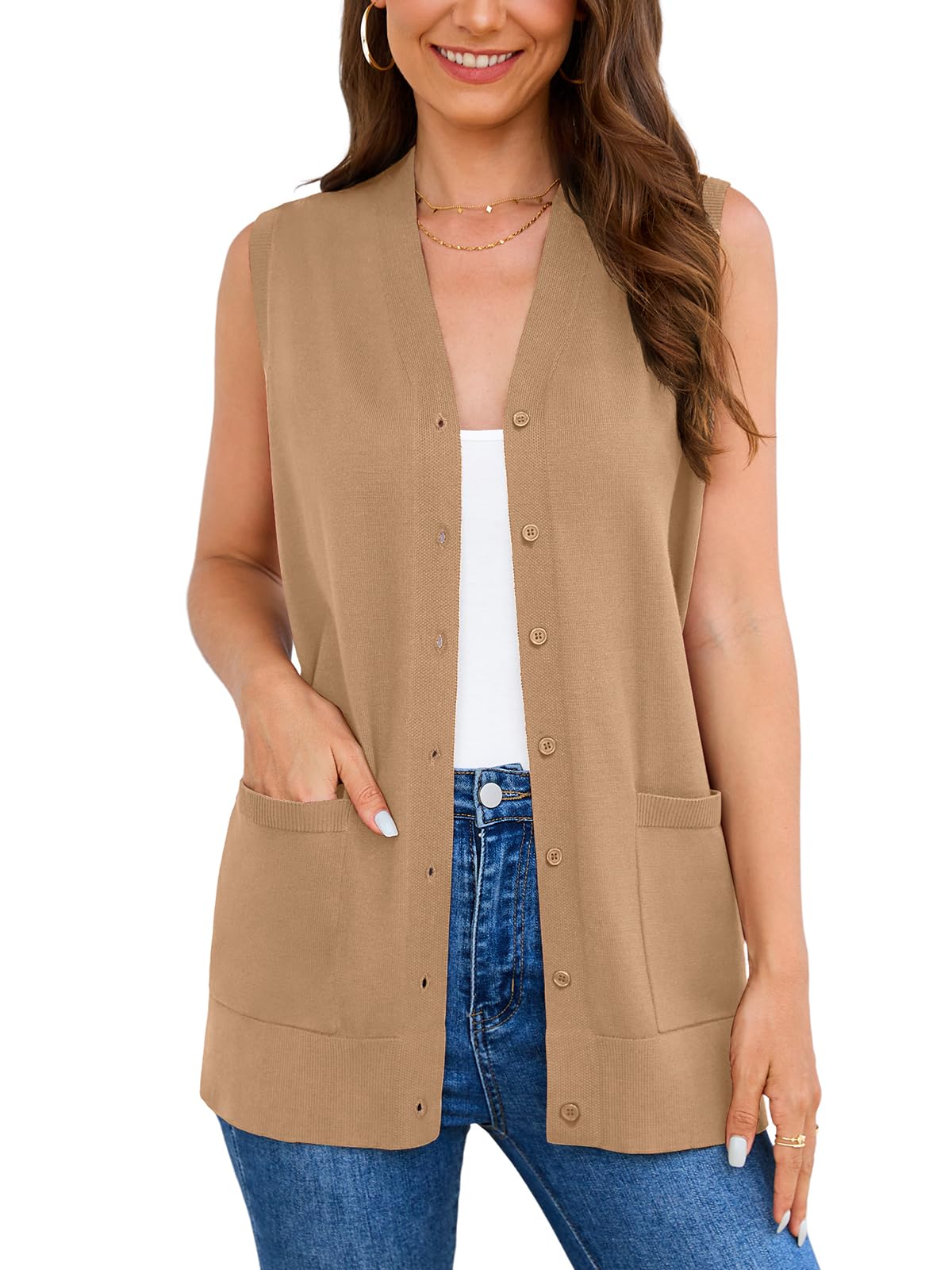 Veryoung Women's 2026 Sleeveless Button Down Cardigan Sweaters Fashion Casual Soft Knit Office Duster Vests with Cozy Pockets
