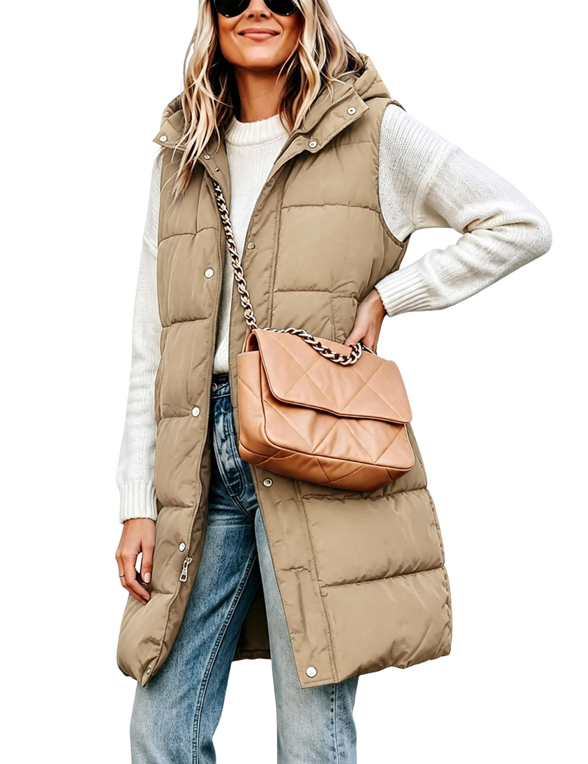 Tanming Women's Long Puffer Vest with Removable Hood