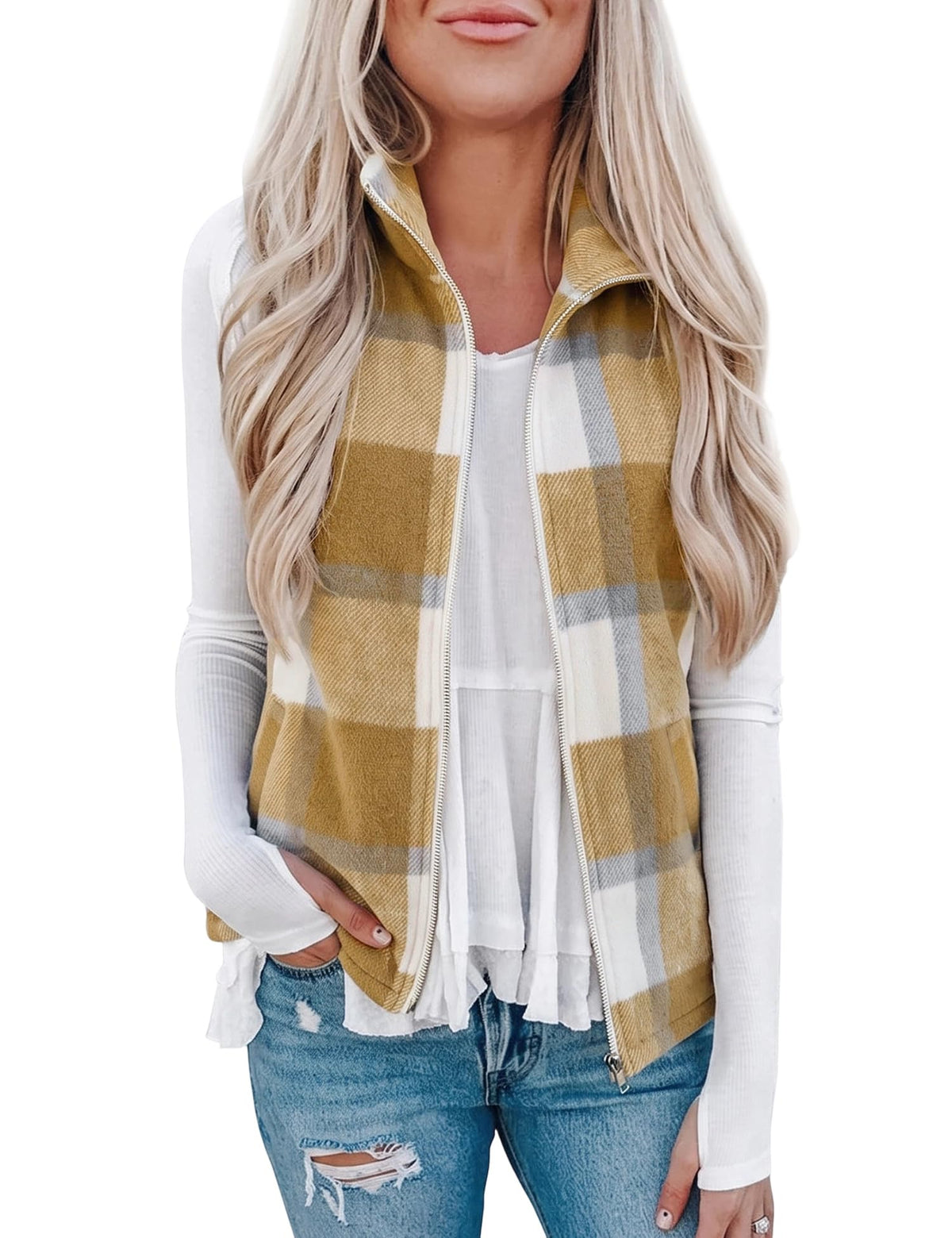 Rapbin Women's Plaid Outerwear Vests Tops Zip Up Collared Sleeveless Jacket with Pockects