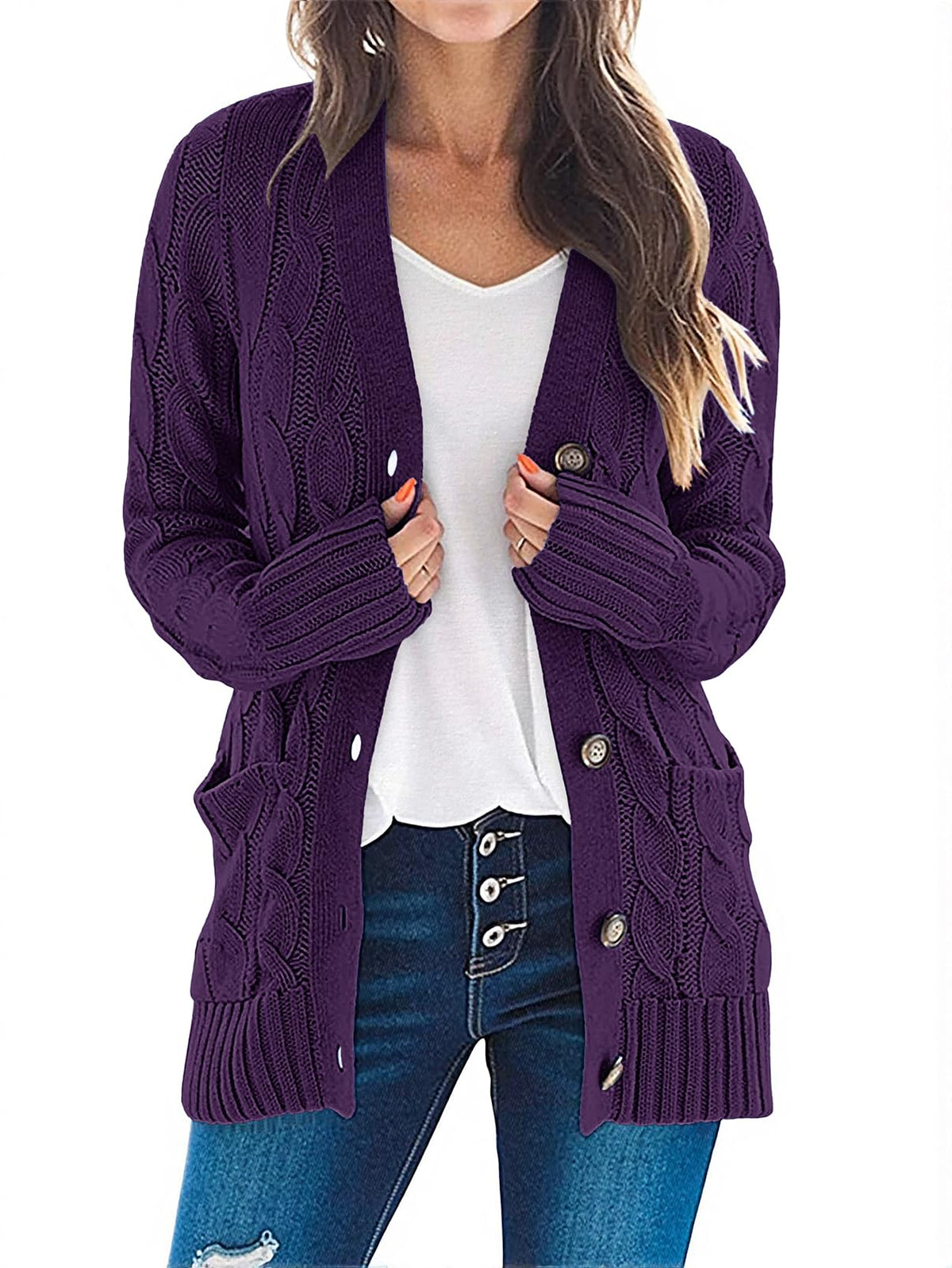 MEROKEETY Womens Fall 2026 Long Sleeve Cable Knit Cardigan Sweaters