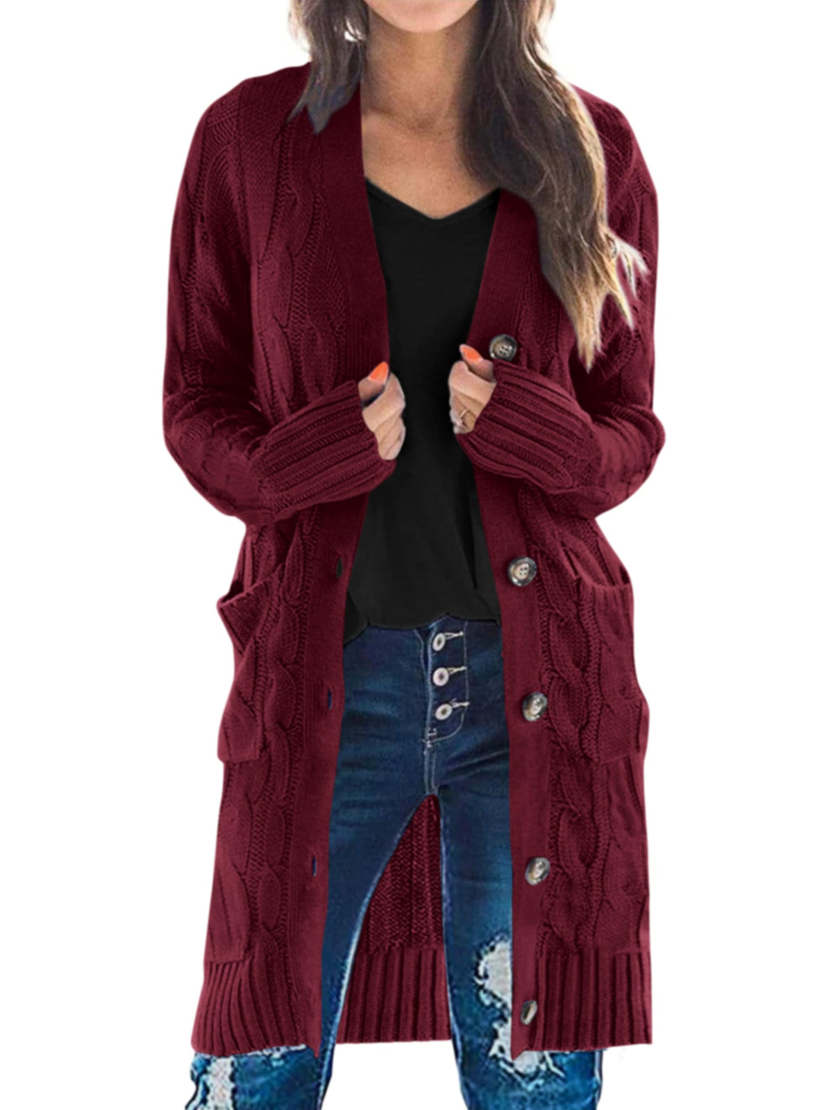 PRETTYGARDEN Womens Cable Knit Button Long Cardigan Sweaters