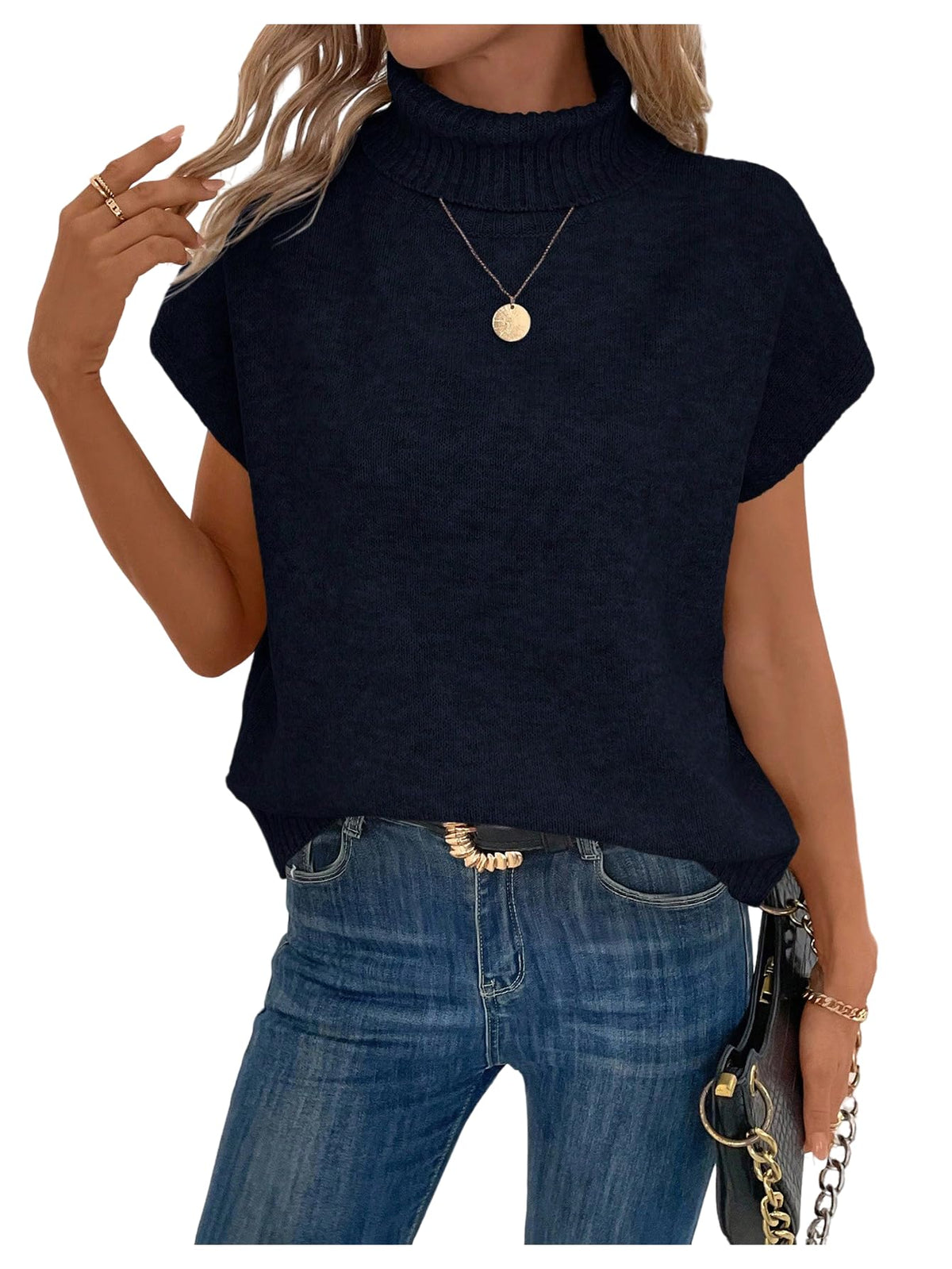 WDIRARA Women's Turtleneck Cap Sleeve Sweater Vest Pullover Knitted Top Loose Oversized Knitwear