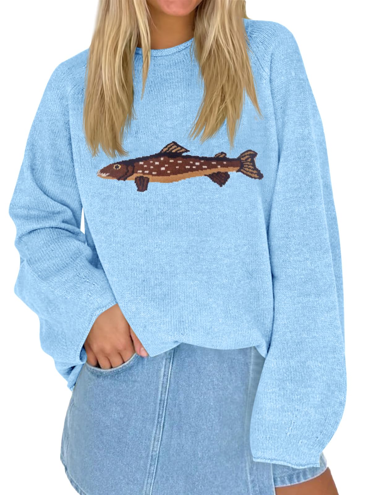 Tankaneo Womens Fish Graphic Oversized Sweaters Lightweight Knit Pullover