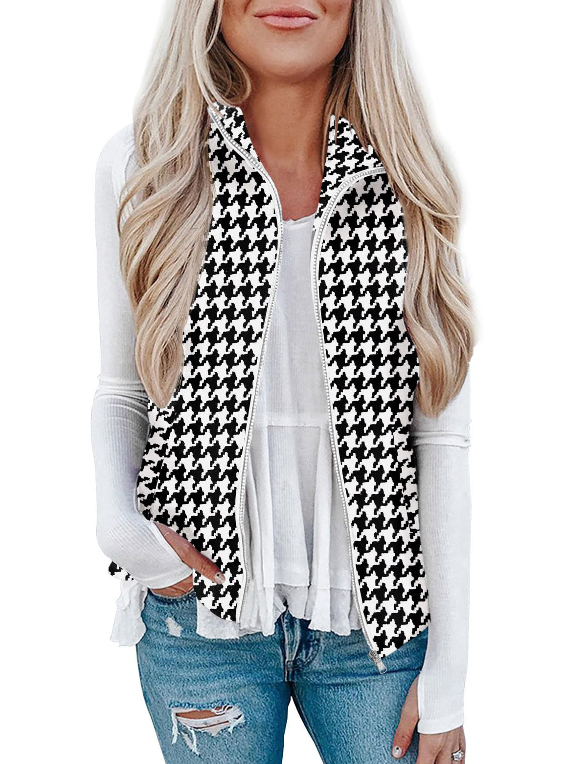 Rapbin Women's Plaid Outerwear Vests Tops Zip Up Collared Sleeveless Jacket with Pockects
