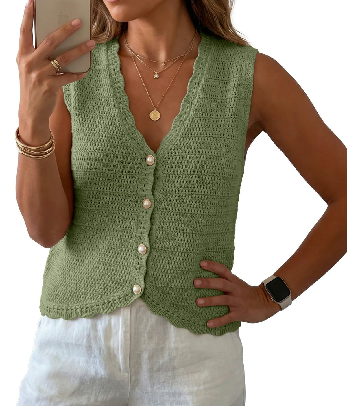 GRECERELLE Women's Summer Sleeveless V Neck Sweater Vest Knit Tank Top